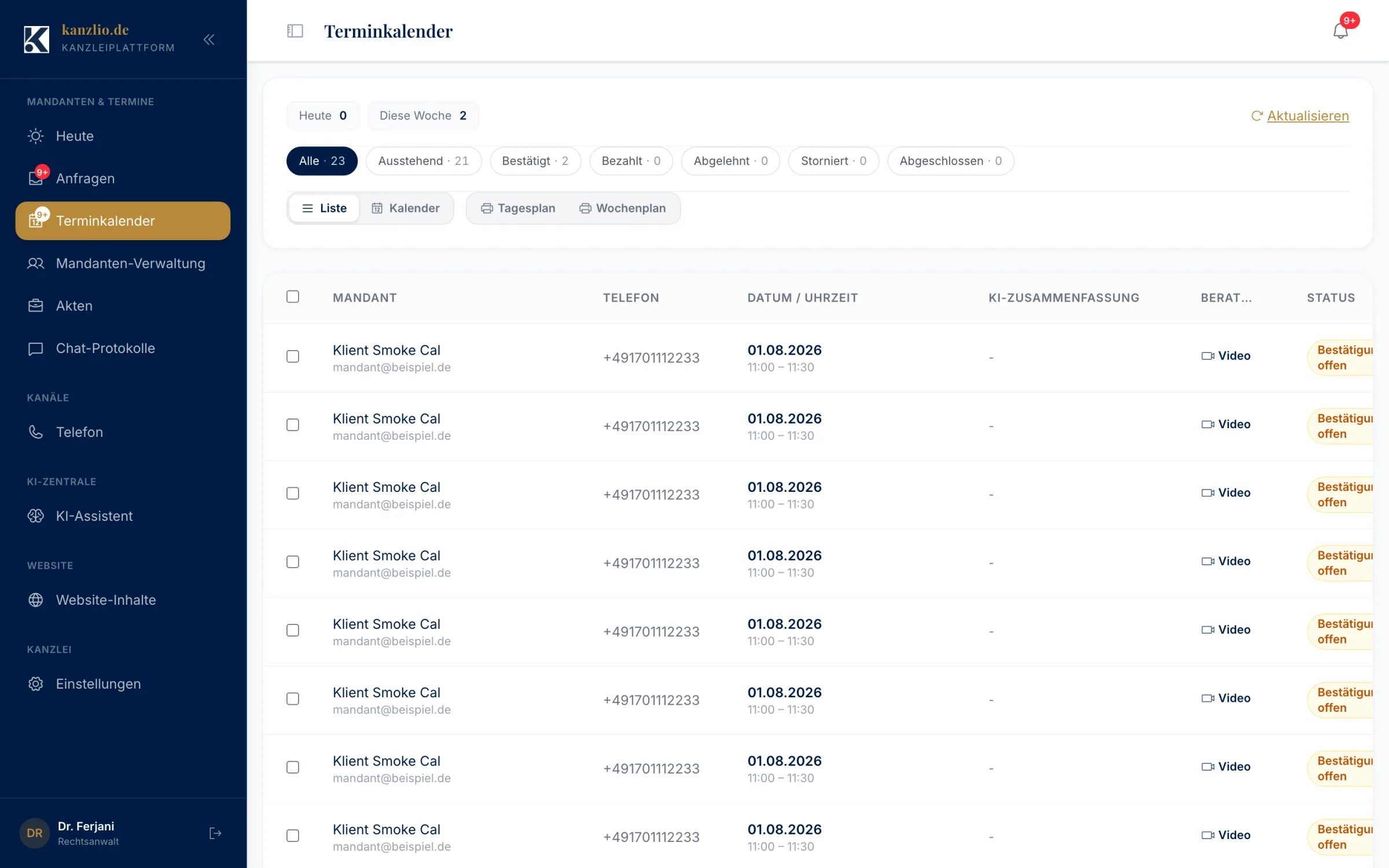 Juratek Workspace — Terminkalender und Mandanten